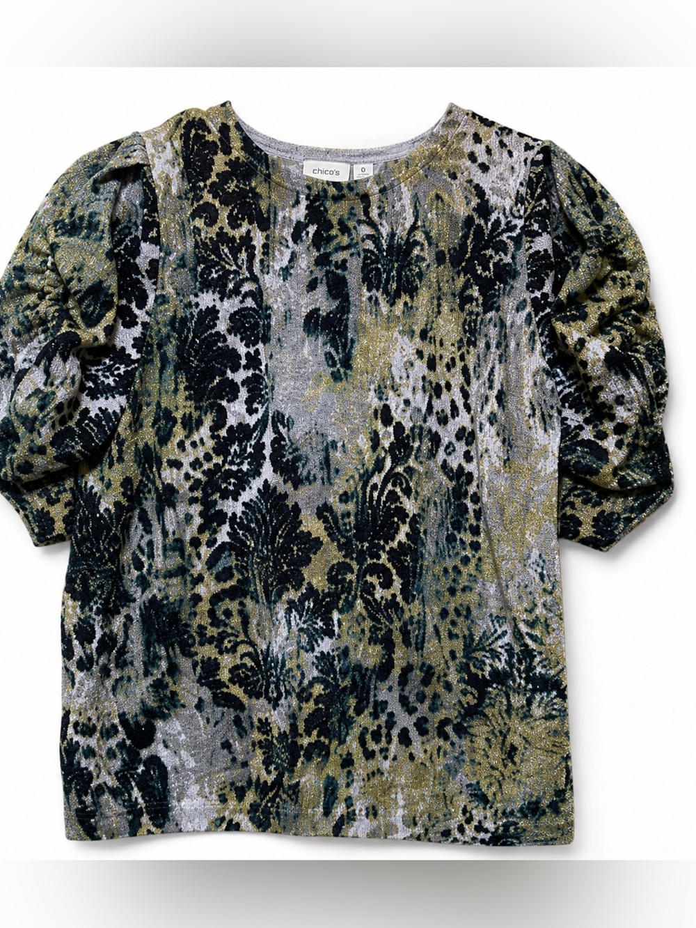Chico's 0 S Metallic Knit Top Green Black Damask 3/4 Sleeve Travelers